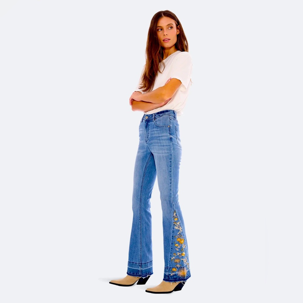 Ashley Mason bootcut denim jeans embroider flowers